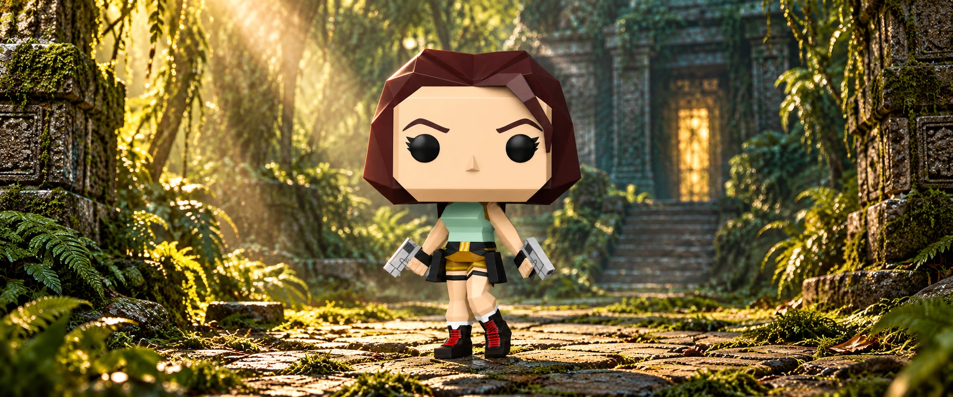 Lara Croft Polygonal n° 1192 au centre d’un temple dans la jungle, composition panoramique illustrative.