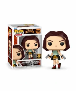 Funko Pop Lara Croft Polygonal n° 1192 à côté de sa boîte Tomb Raider, sur fond blanc avec marges de sécurité.
