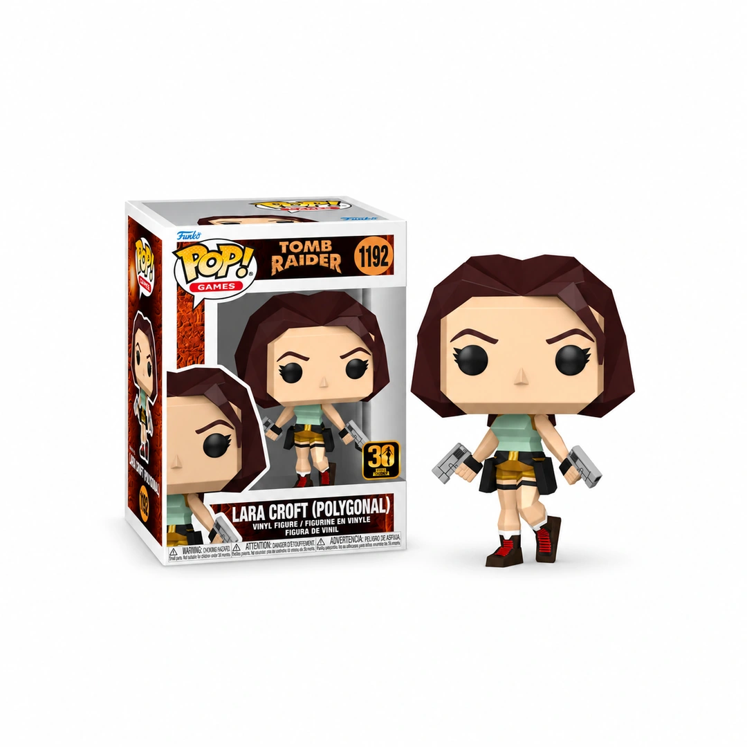 Funko Pop Lara Croft Polygonal n° 1192 à côté de sa boîte Tomb Raider, sur fond blanc avec marges de sécurité.