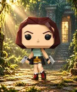 Lara Croft Polygonal n° 1192 dans des ruines de temple envahies de végétation, mise en scène illustrative.