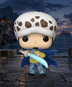 Funko Pop Trafalgar Law #1894 dans un décor illustratif de port rocheux au crépuscule