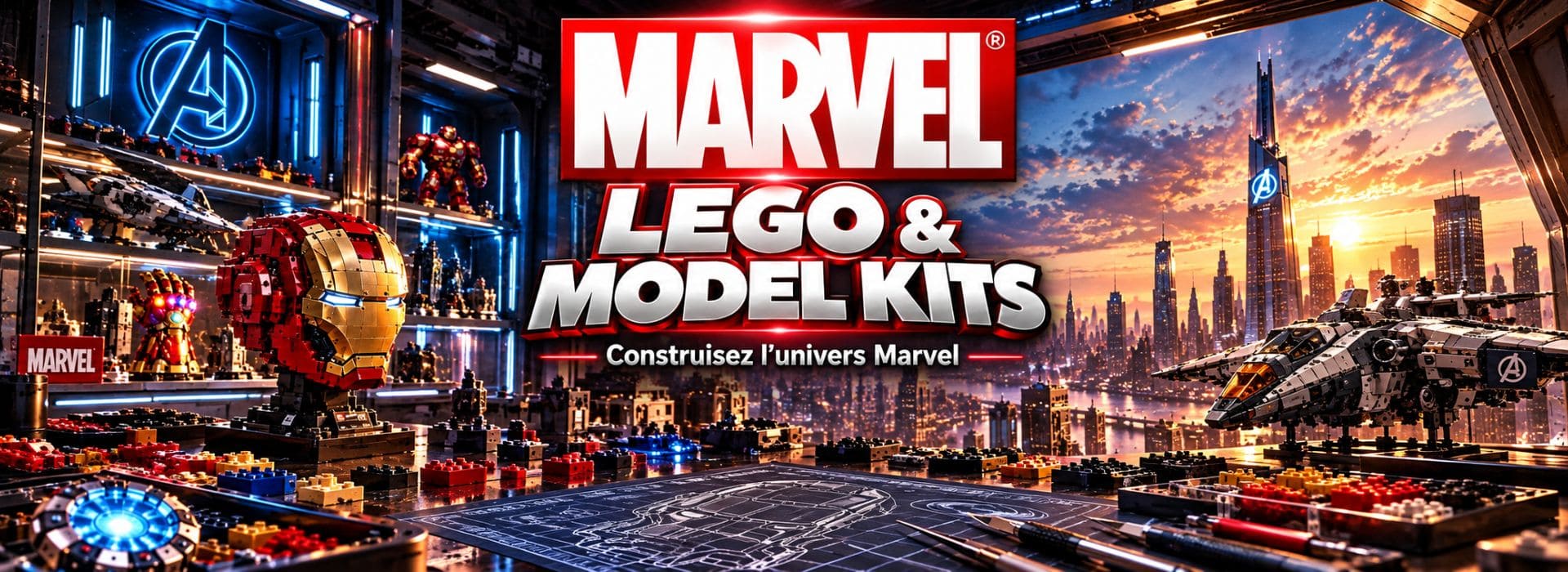 LEGO & Model Kits Marvel dans un atelier de construction futuriste