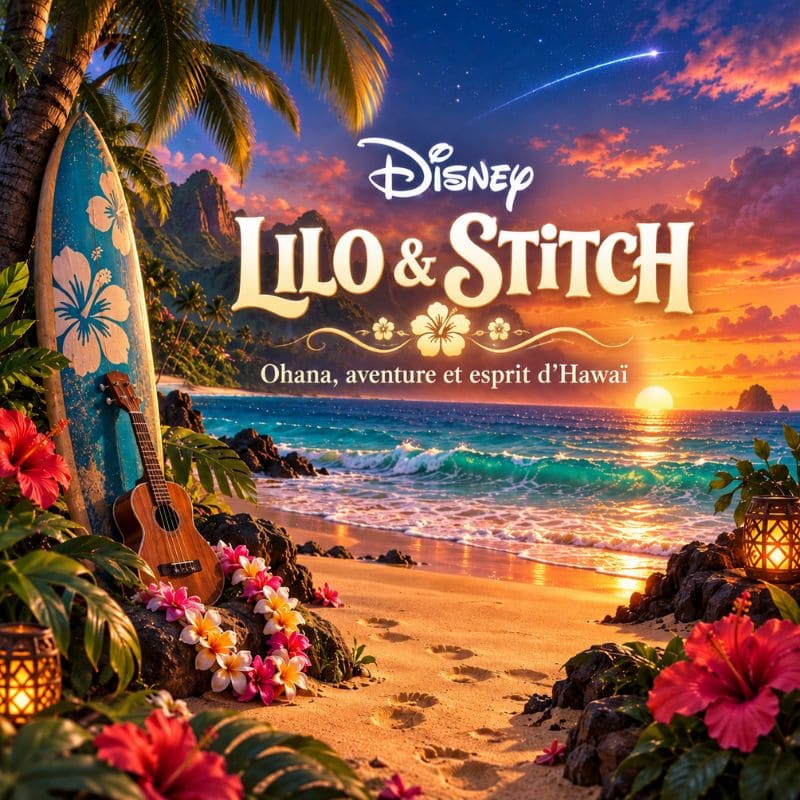 Lilo & Stitch Disney dans un décor hawaïen avec plage, surf et ukulélé