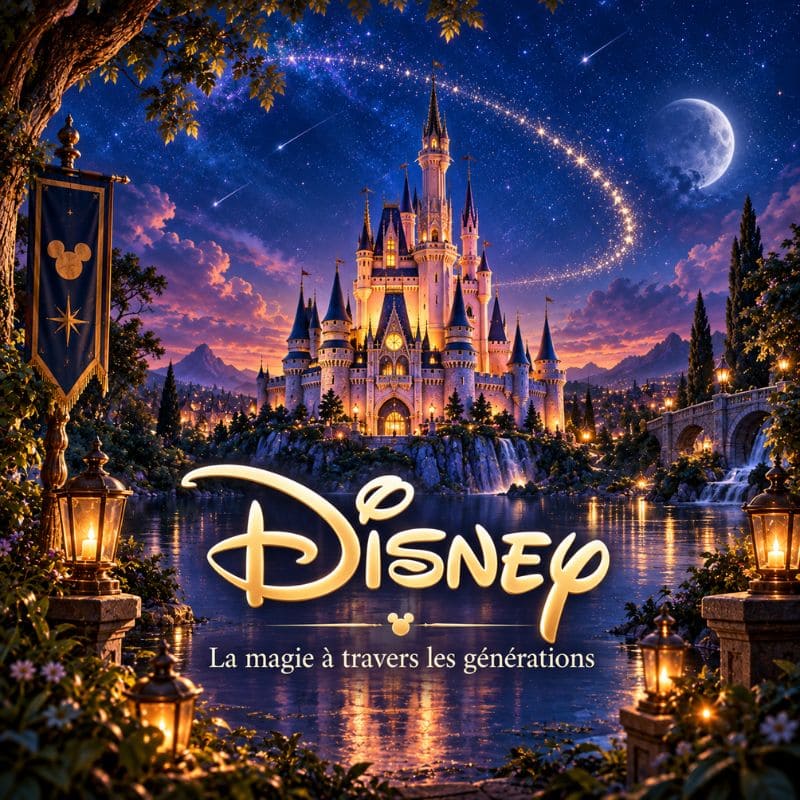 Univers Disney féerique avec château illuminé sous un ciel étoilé