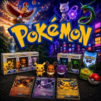 Logo Univers Pokémon présentant Pikachu, Dracaufeu, Mewtwo, Évoli, Rayquaza, Ho-Oh, Pokémon GO et plusieurs figurines Funko Pop Pokémon.