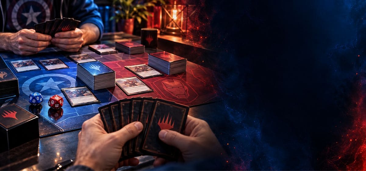 Deux joueurs s’affrontent autour d’une table de jeu de cartes dans une ambiance inspirée de Magic et des super-héros Marvel