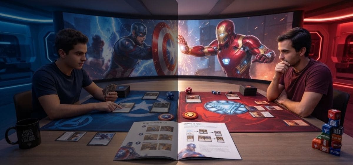 Deux joueurs découvrent Magic: The Gathering avec Captain America et Iron Man dans l’univers Marvel Super Heroes