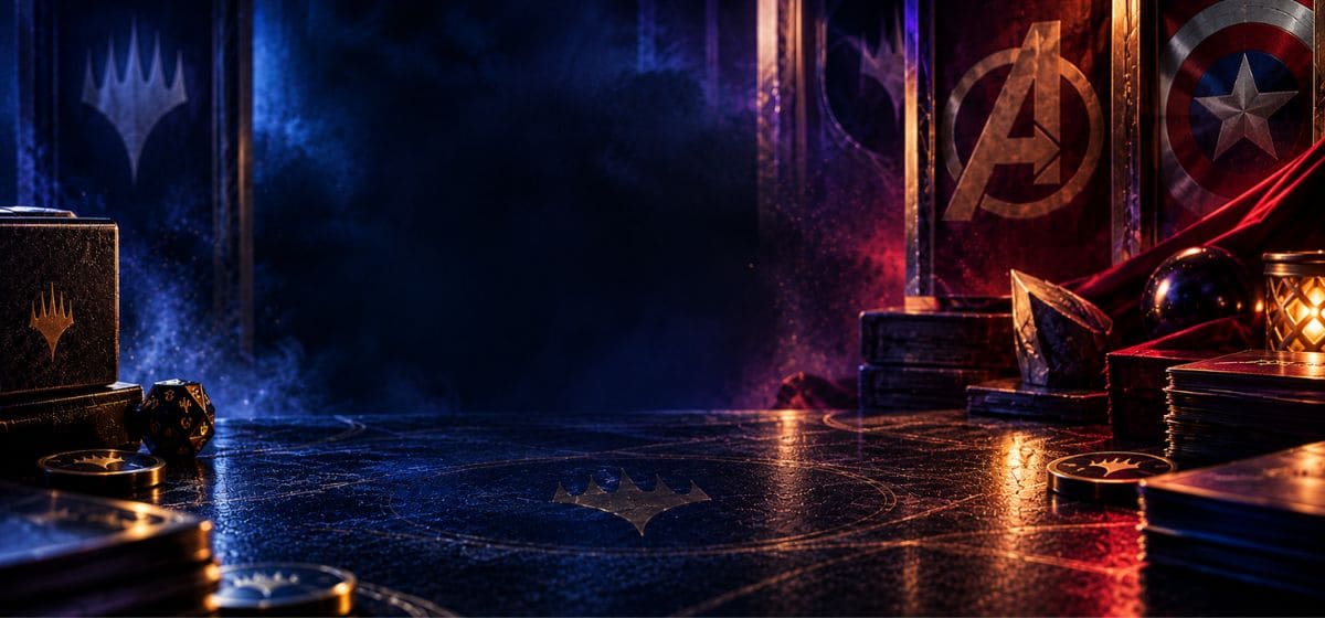 Bannière Magic: The Gathering Marvel Super Heroes avec ambiance TCG sombre et références visuelles Marvel