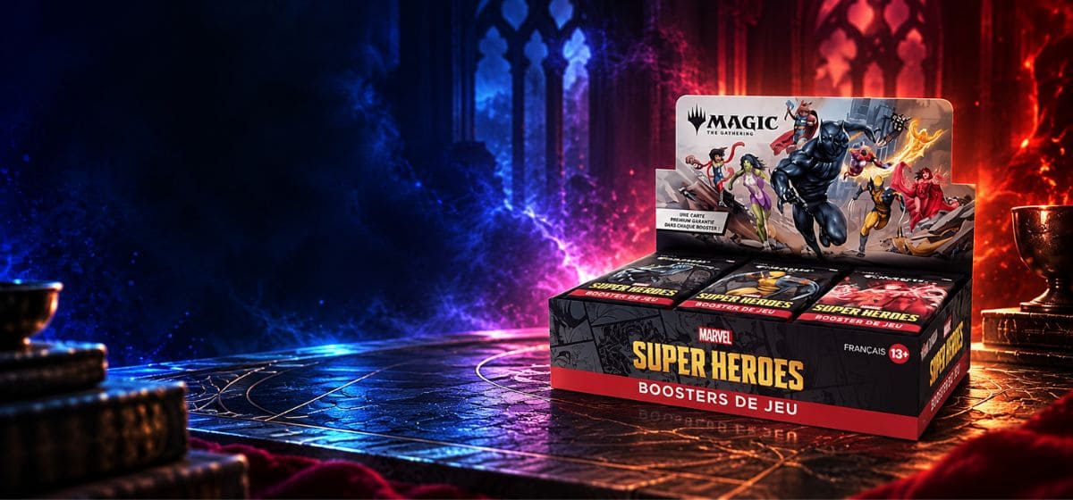 Boosters de jeu Magic: The Gathering Marvel Super Heroes FR sur une table dans une ambiance bleue et rouge