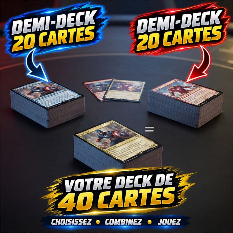 Deux demi-decks de 20 cartes Magic Marvel combinés pour former un deck de 40 cartes prêt à jouer