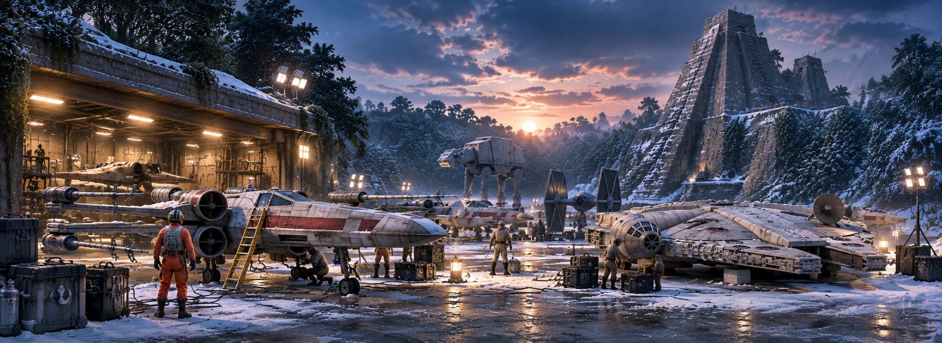 Maquettes et Model Kits Star Wars dans un hangar enneigé inspiré de Yavin 4