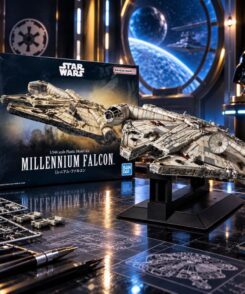 Model Kit Faucon Millenium 1/144 Bandai assemblé dans un atelier de modélisme Star Wars