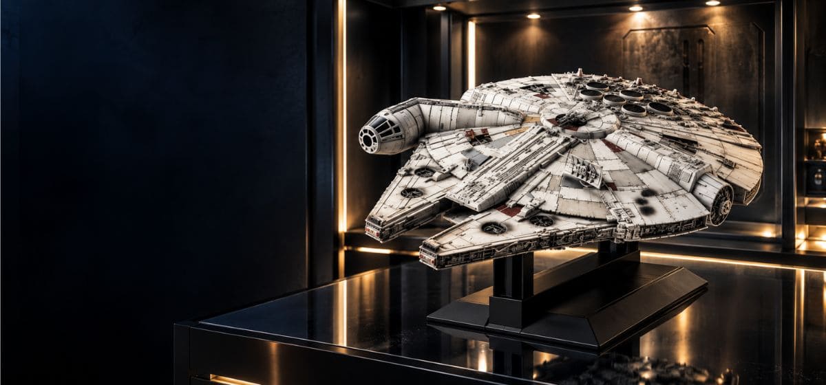 Model Kit Faucon Millenium 1/144 Bandai exposé sur son présentoir noir dans un showroom collector premium