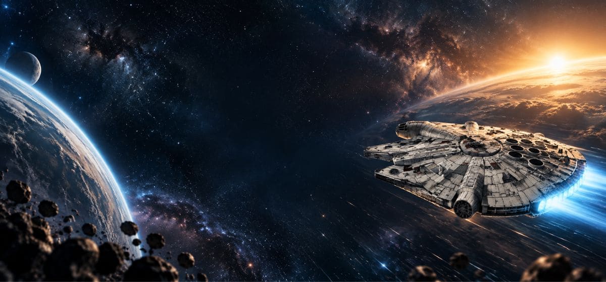 Faucon Millenium inspiré du Model Kit 1/144 Bandai en vol dans l’espace vers un horizon lumineux