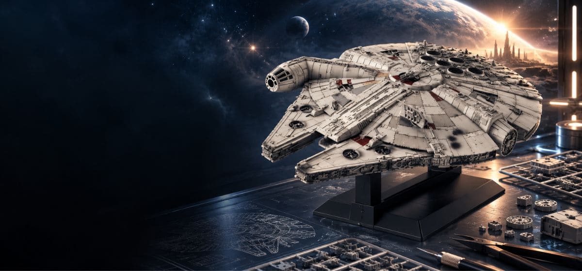 Model Kit Faucon Millenium 1/144 exposé avec des pièces à assembler dans un décor spatial