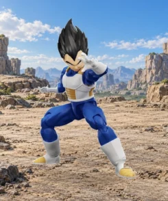 Modèle Vegeta NEW SPEC Ver. Bandai assemblé dans un décor rocheux illustratif inspiré de Dragon Ball Z