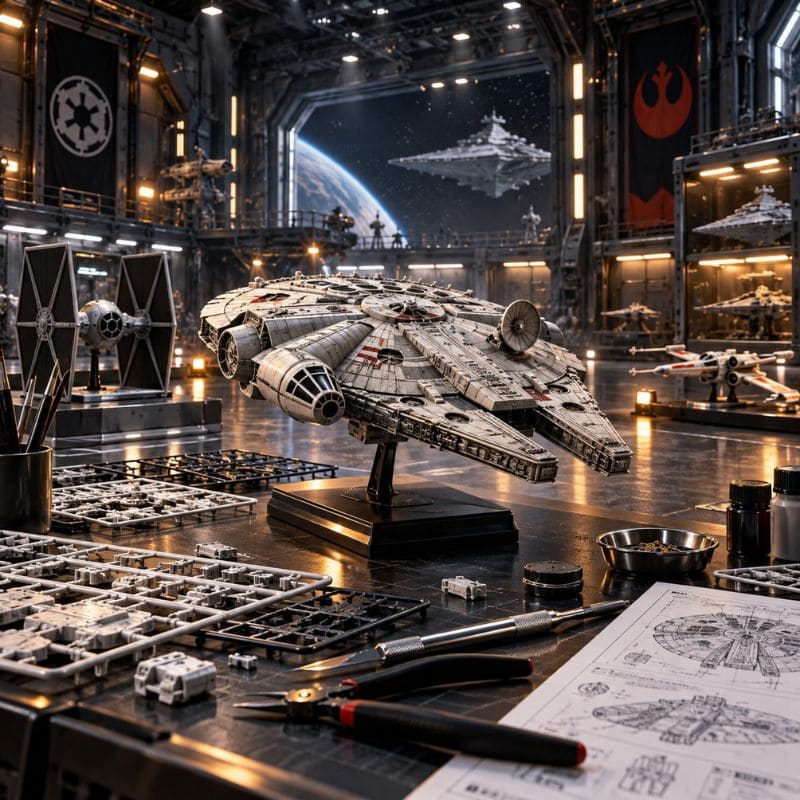 Model Kits et maquettes Star Wars dans un atelier de construction de vaisseaux
