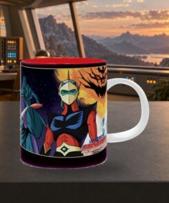 Mug Goldorak Actarus officiel posé sur un bureau dans un décor scientifique illustratif