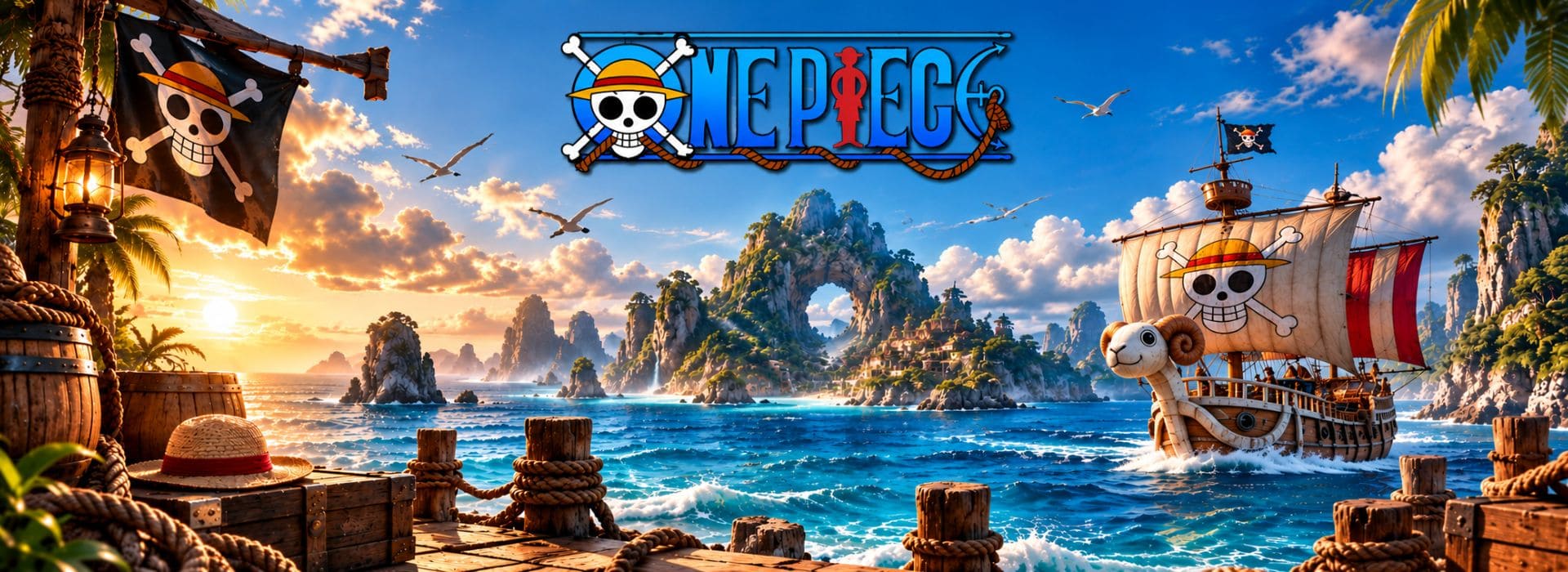 Univers One Piece avec le Going Merry naviguant sur Grand Line