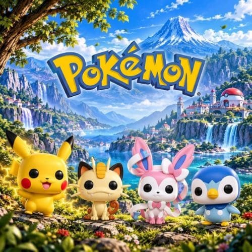 Univers Pokémon avec Pikachu, Miaouss, Nymphali et Tiplouf dans un paysage fantastique – SWETM