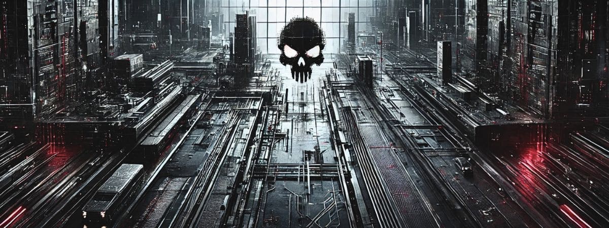 Décor urbain futuriste inspiré du Punisher Marvel avec emblème du crâne dans une ambiance industrielle sombre