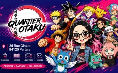 Logo et visuel promotionnel Quartier Otaku, boutique spécialisée manga, anime, figurines et culture geek à Pertuis