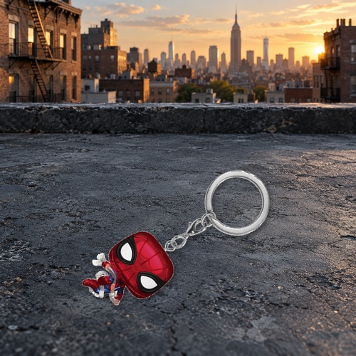 Porte-clés Spider-Man Brand New Day complet, chaîne et anneau, sur un décor illustratif de toit new-yorkais