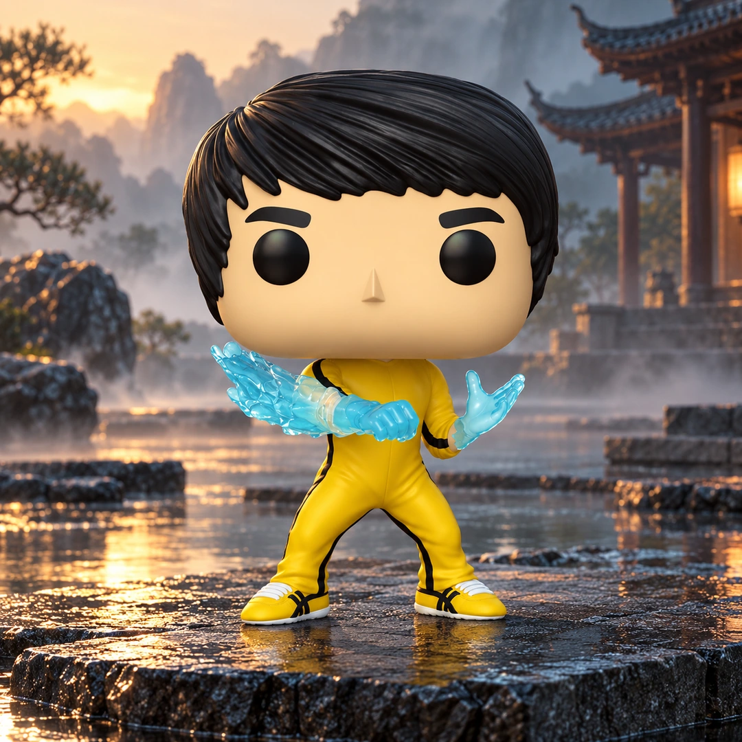 Bruce Lee Be Water n° 87 dans un décor illustratif de pierre humide et d’eau au lever du jour.