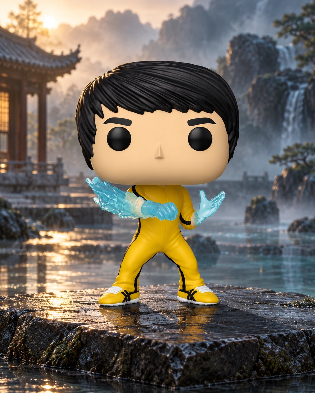 Portrait de Bruce Lee Be Water n° 87 posé sur une dalle de pierre dans un décor illustratif brumeux.