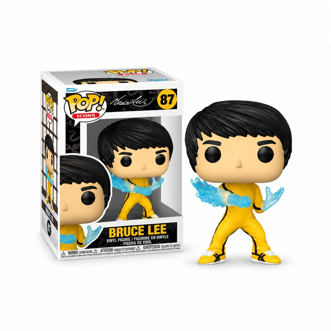 Funko Pop Bruce Lee Be Water n° 87 avec sa boîte officielle, présentation centrée sur fond blanc.