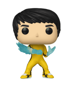 Funko Pop Bruce Lee Be Water n° 87, tenue jaune à bandes noires et bras aux formes d’eau bleutées.