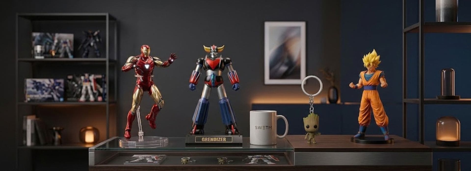 Collection d’objets pop culture avec Iron Man, Goldorak, Goku, un mug et un porte-clés Groot dans un décor chaleureux.