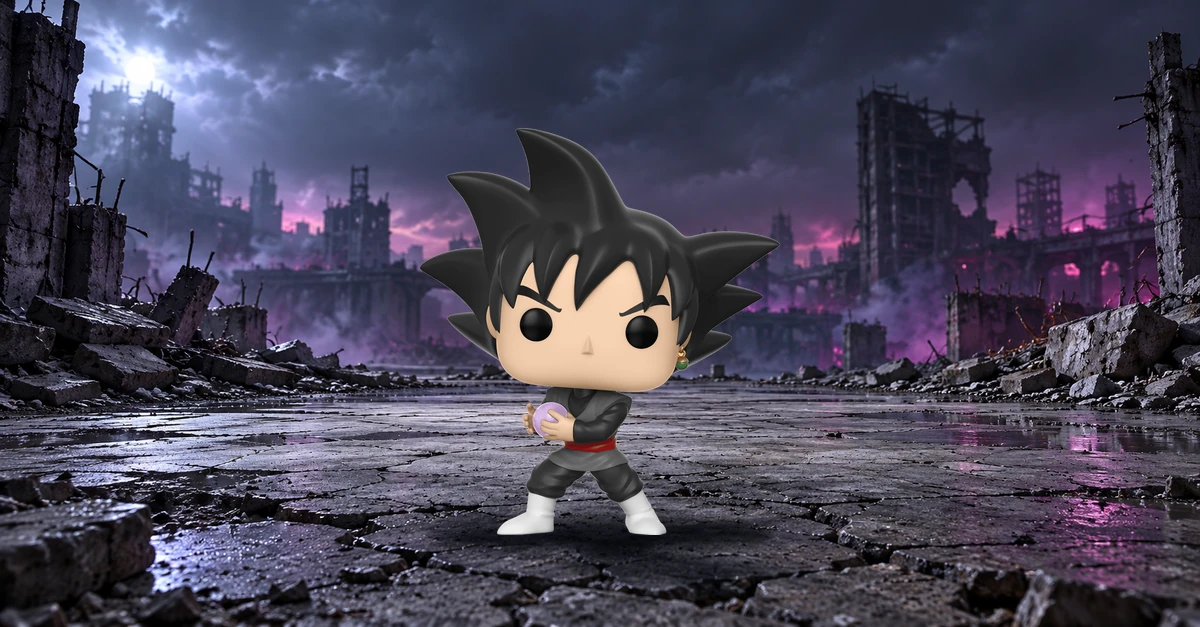 Goku Black n° 314 avec sa sphère violette dans une ville en ruines, composition panoramique illustrative.