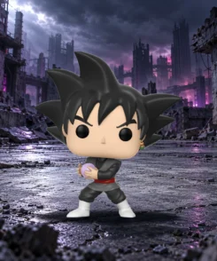 Funko Pop Goku Black n° 314 au premier plan dans une ville en ruines aux lumières violettes.