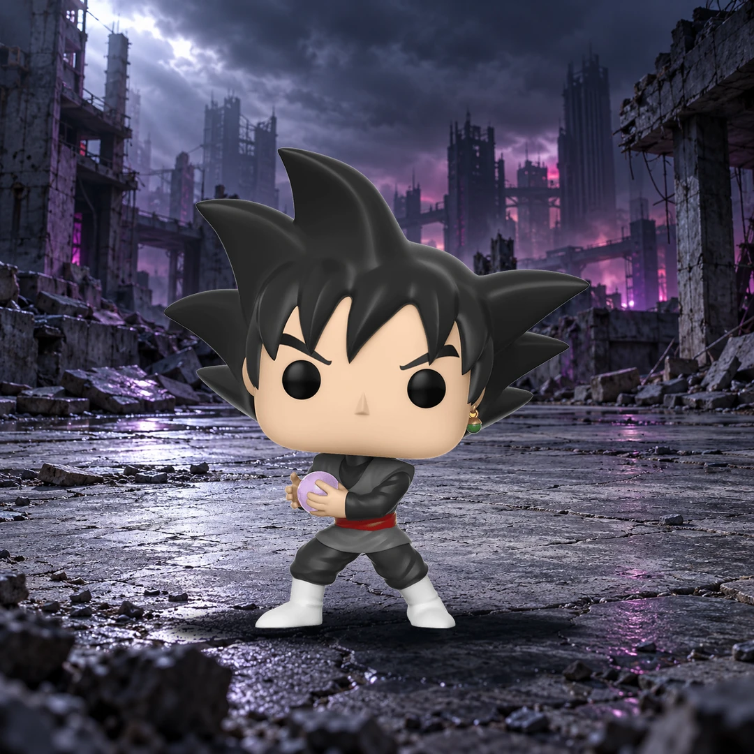 Funko Pop Goku Black n° 314 au premier plan dans une ville en ruines aux lumières violettes.