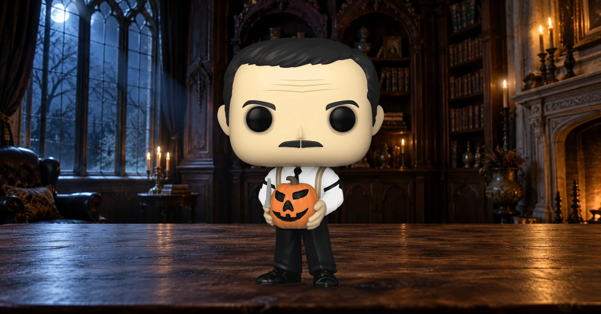 Gomez Addams avec citrouille dans une bibliothèque gothique illustrative.