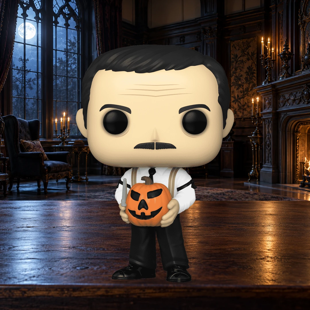 Gomez Addams avec citrouille n° 1548 sur une table dans un intérieur gothique illustratif.