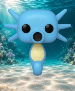 Figurine Funko Pop Hypotrempe dans un décor sous-marin turquoise avec coraux et rayons lumineux