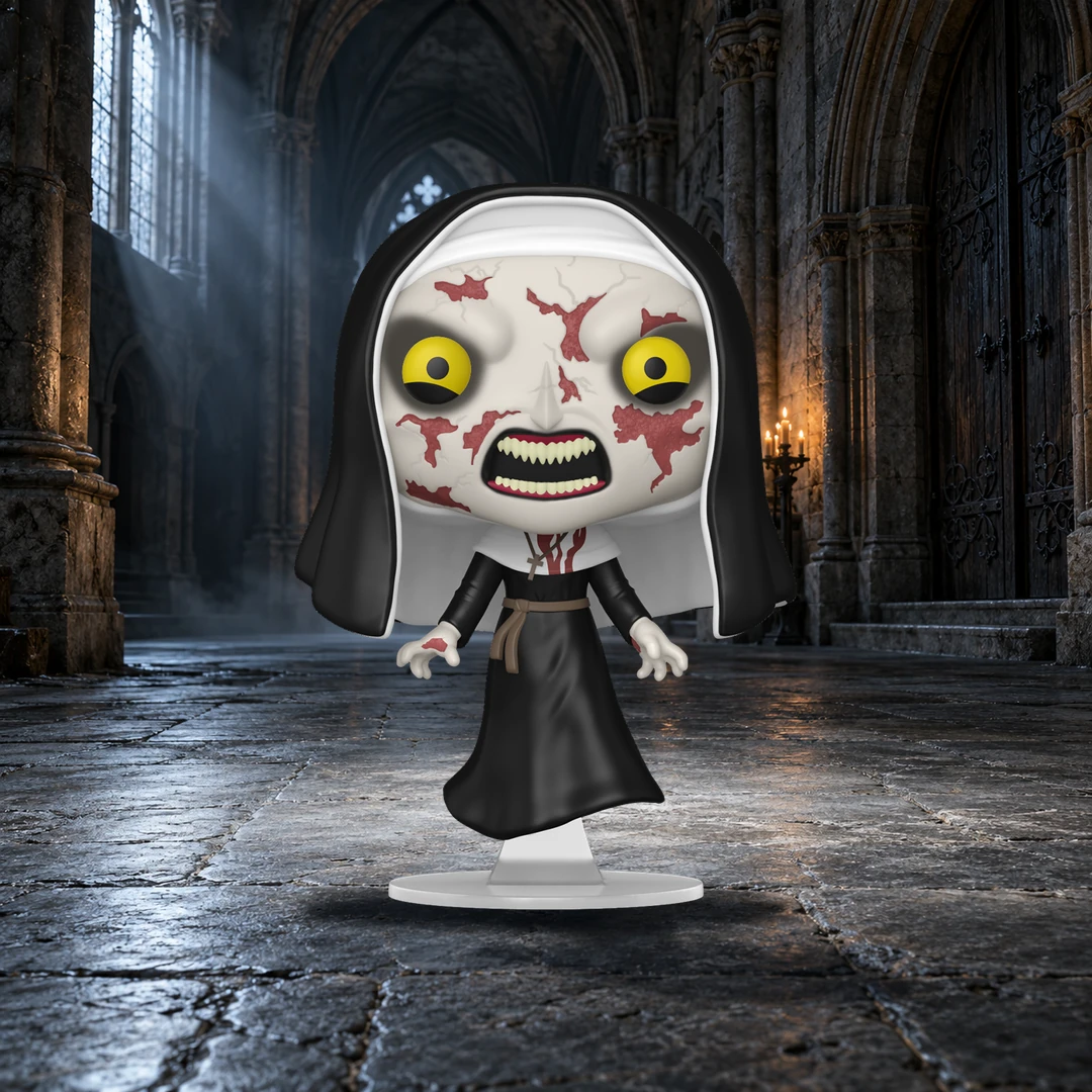 Funko Pop La Nonne n° 1710 en lévitation dans un couloir de pierre éclairé de lumière froide et de bougies.