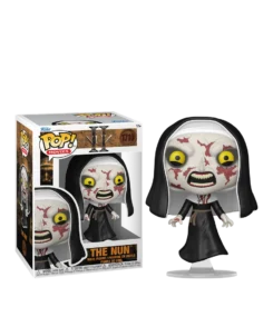 Figurine Funko Pop La Nonne n° 1710 sur son support de lévitation, à côté de sa boîte officielle The Nun II.
