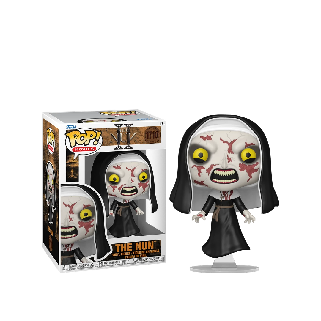Figurine Funko Pop La Nonne n° 1710 sur son support de lévitation, à côté de sa boîte officielle The Nun II.