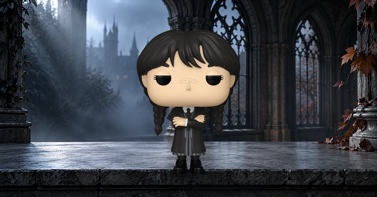 Funko Pop Mercredi Addams 1815 sur une terrasse gothique dans une lumière froide.