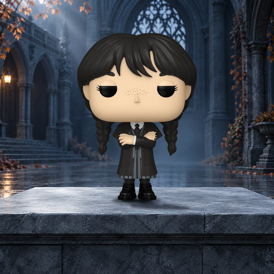 Funko Pop Mercredi Addams 1815 dans une cour gothique illustrative aux teintes bleu ardoise.
