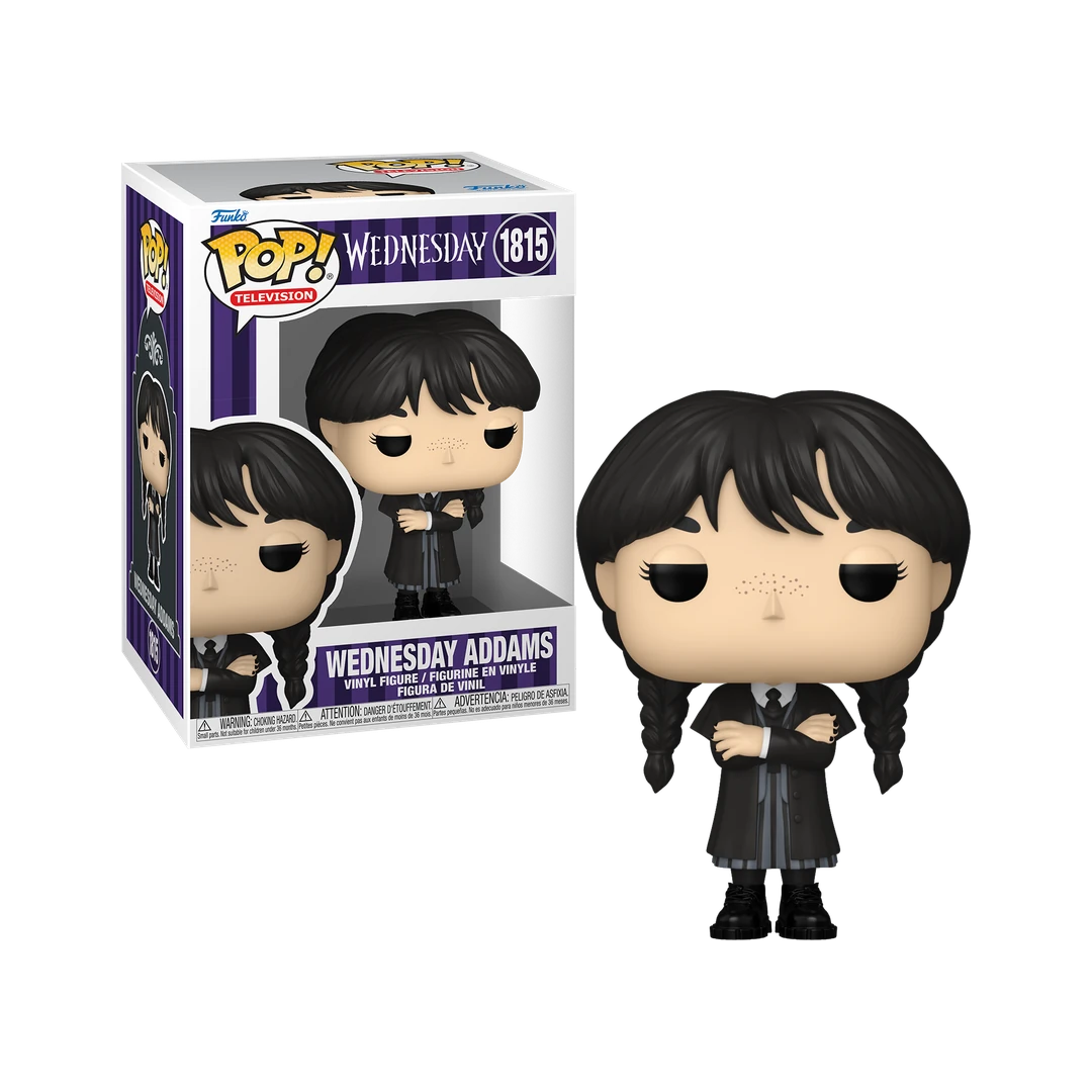 Mercredi Addams en manteau noir n° 1815 avec sa boîte officielle Funko Pop Television Wednesday.