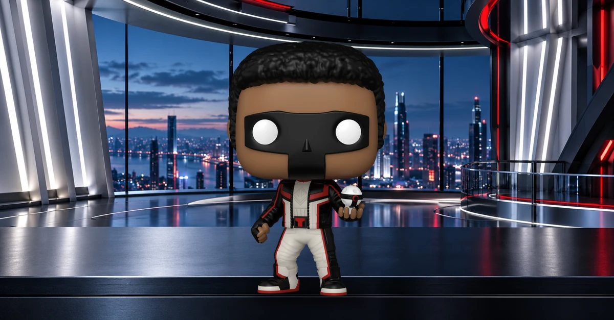 Funko Pop Mr. Terrific 584 devant les baies vitrées d’un laboratoire urbain illustratif.