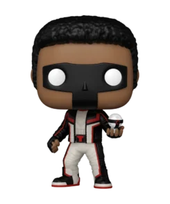 Figurine Funko Pop Mr. Terrific 584, masque en T, costume noir blanc et rouge et sphère en main.