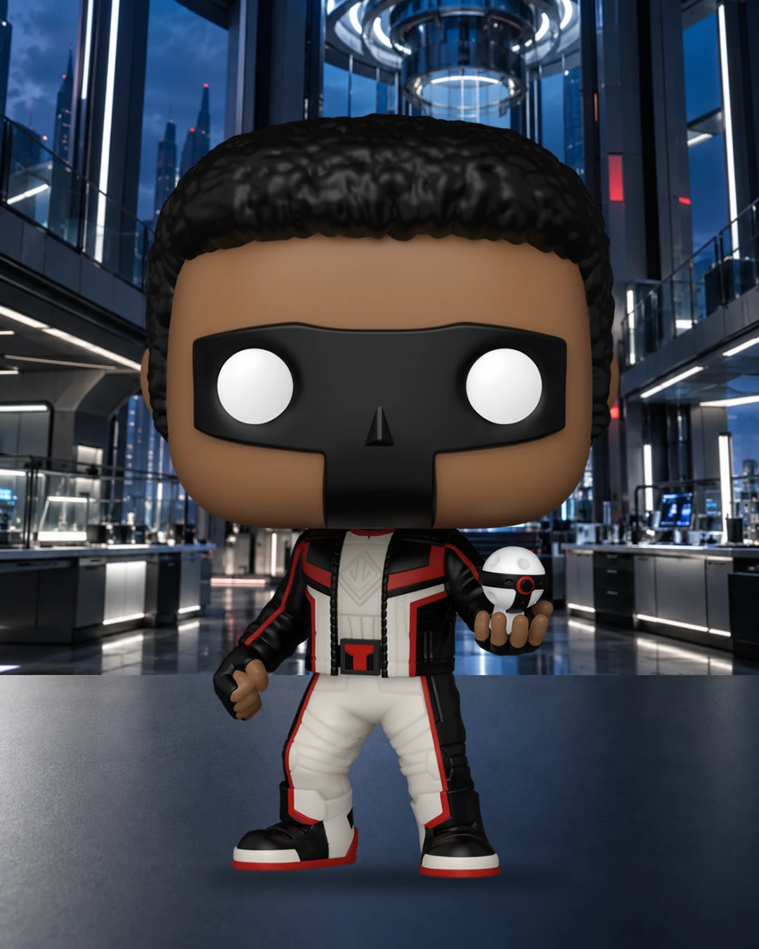 Funko Pop Mr. Terrific 584 dans une composition portrait de laboratoire futuriste illustratif.