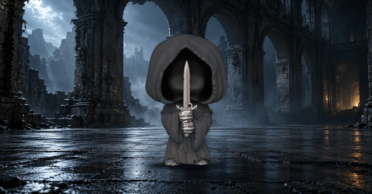 Nazgûl au centre d’un ancien passage de pierre à lumière bleu-gris, dans une composition panoramique.