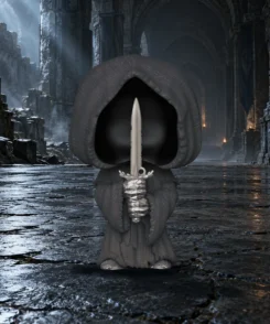 Nazgûl et son épée au premier plan d’un passage de pierre aux arches sombres, composition carrée.