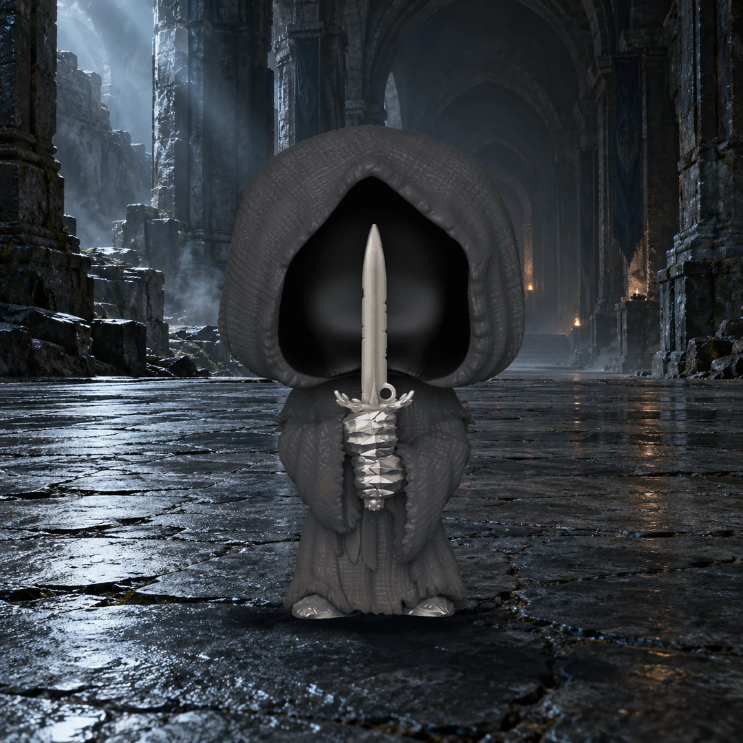 Nazgûl et son épée au premier plan d’un passage de pierre aux arches sombres, composition carrée.